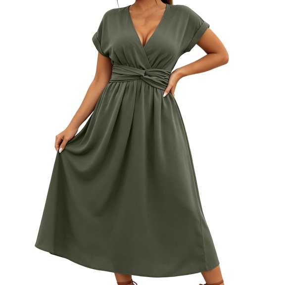 Ruimatai Women's V-Neck Twist Waist Short Sleeve A-Line Casual Midi Dresses for Women Work Office & Party Wear