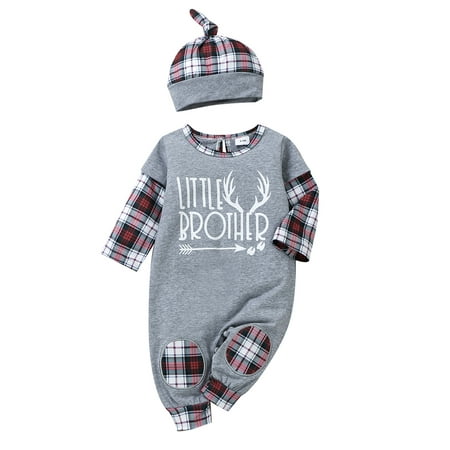 

Luckinbaby Baby Boy Romper Hat Round Neck Long Sleeveless Plaid Bodysuit Cap