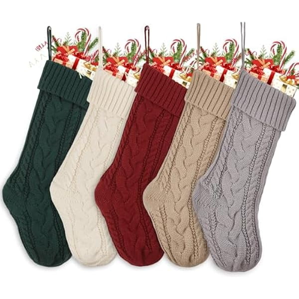 wonima02 5 Pack Christmas Stockings, 18 Inches Large Christmas Stocking, Cable Knitted Xmas Stocking, Hanging Stocking Decorations for Holiday Christmas Party Family Decor (Red White Green Linen) B3