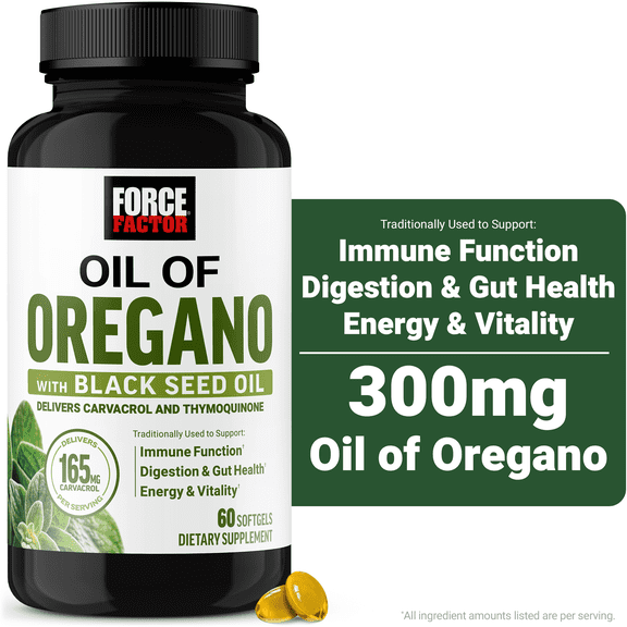 Force Factor Oil of Oregano with Black Seed Oil, Traditionally Used to Support Immune Function, Digestion & Gut Health, Energy & Vitality, Delivers Carvacrol & Thymoquinone, 60 Softgels