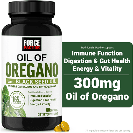 Force Factor Oil of Oregano with Black Seed Oil, Traditionally Used to Support Immune Function, Digestion & Gut Health, Energy & Vitality, Delivers Carvacrol & Thymoquinone, 60 Softgels