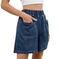 thumbnail image 3 of Women'S Denim Shorts, Elastic Wasit Mid Rise Loose Fit with 2 Front Pockets Deep Blue XXL, 3 of 9