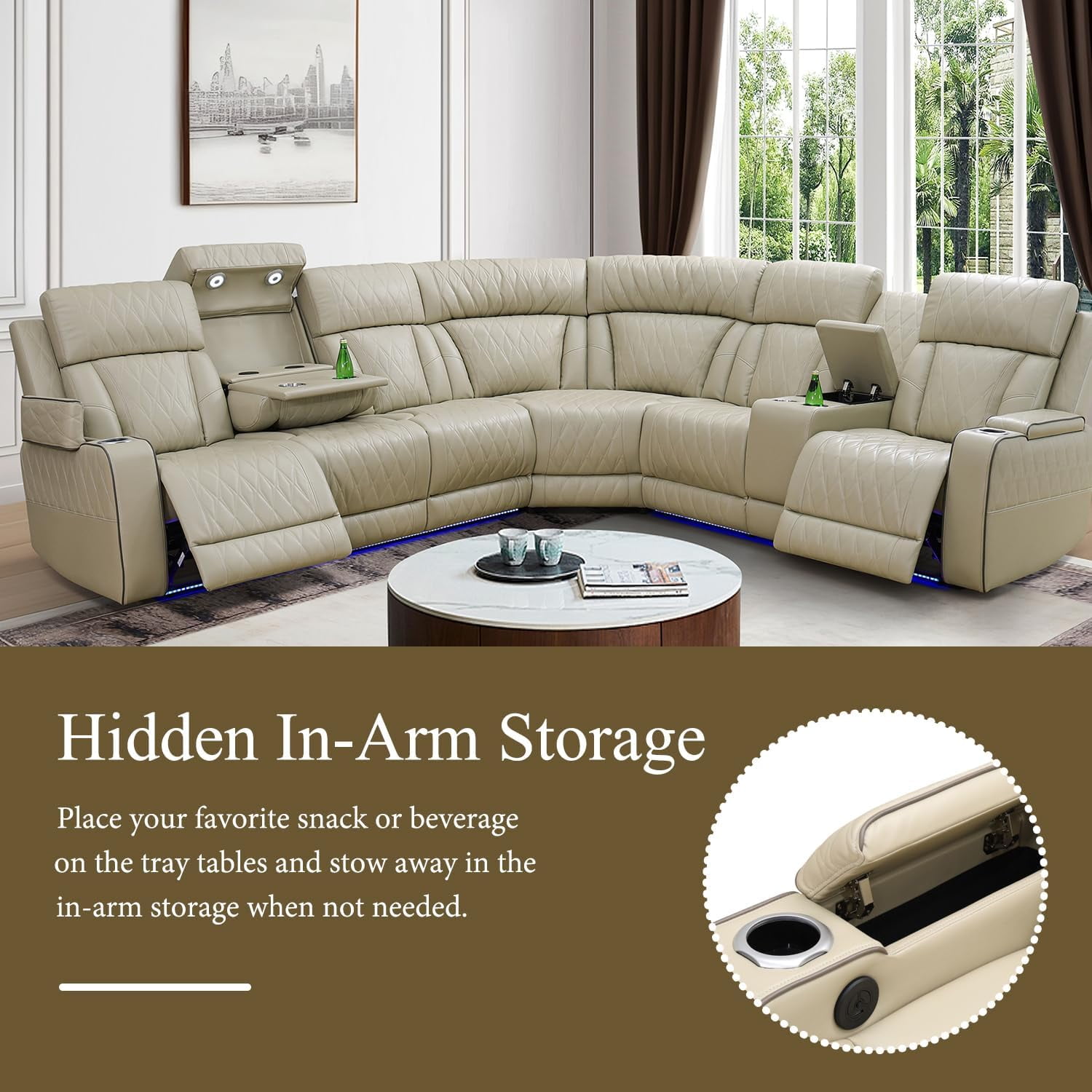 Power Recliner Sectional Sofa with LED Light, Breathing Leather Power Reclining Sofa, Sectional Reclining Couch with USB Port/Cup Holder/Storage for Living Room (Beige)