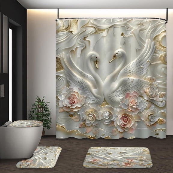 LVRLVR 1/4 3D Swan & Rose Elegant Fabric Shower Curtain Rug Set - Bath Mat Bathroom Decoration,Ivory white, 70.8" × 70.8"