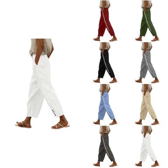 SROBPTY Women Solid Side Splice Button Elastic Waist Straight Leg Casual Fashion Trousers with Pockets