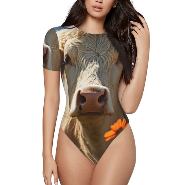 Balery Daisy Meadow Cow Body de cuello redondo de manga corta para mujer Tops de manga corta Tops básicos-XX-Large