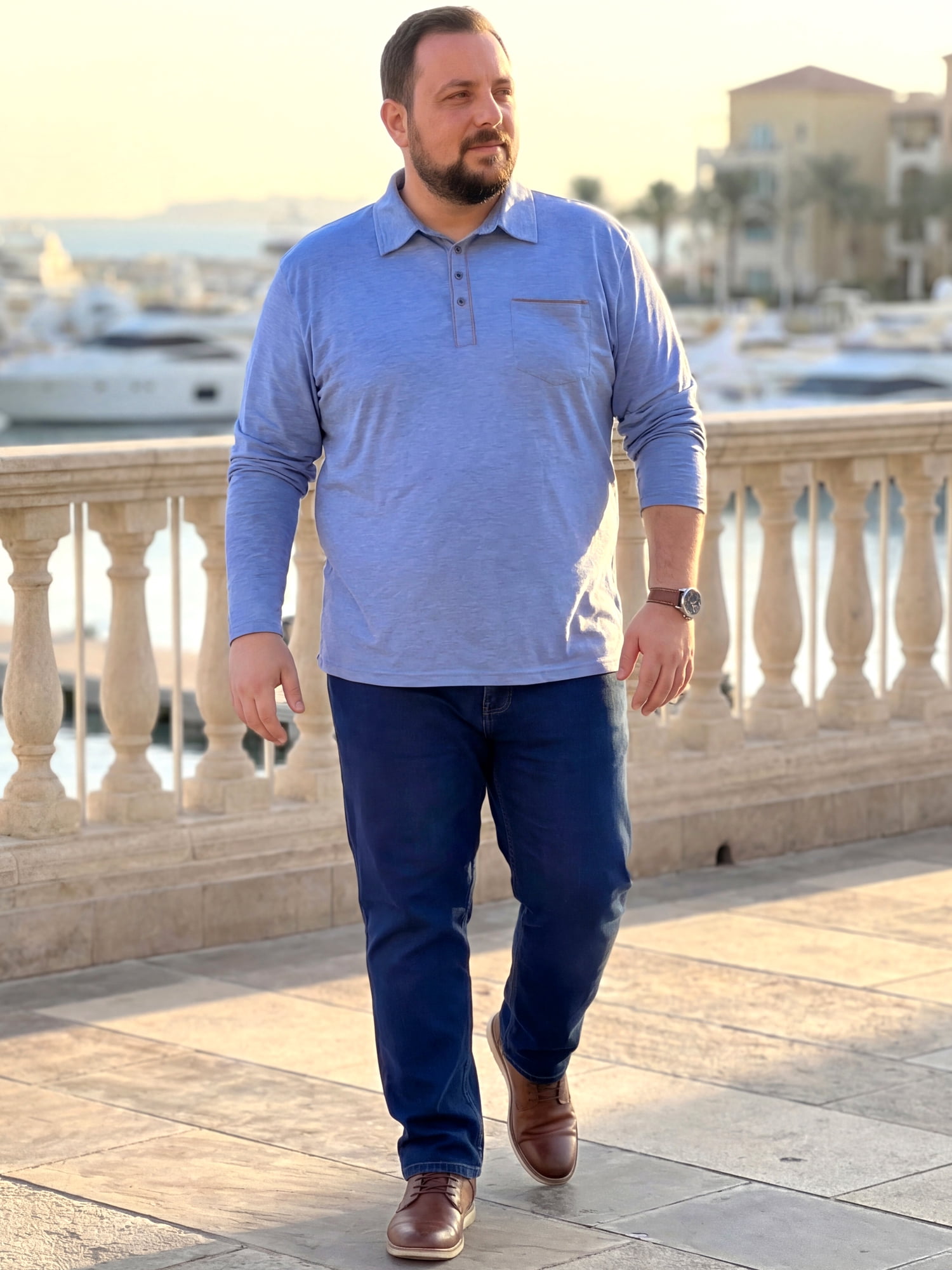 DARING DIVA Men's Big Tall Chest Pocket Long Sleeve Business Polo Shirt 6XL Blue