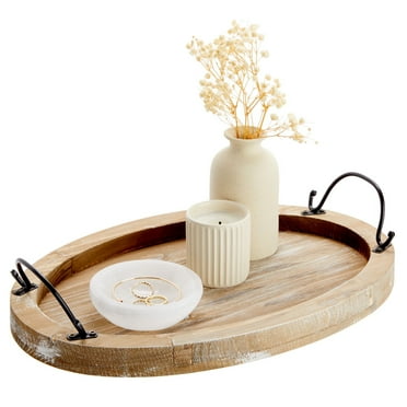 Oval Wooden Serving Tray with Handles, Decorative Platter for Coffee Table, Living Room (15.75 x 10.8 x 1.25 In)