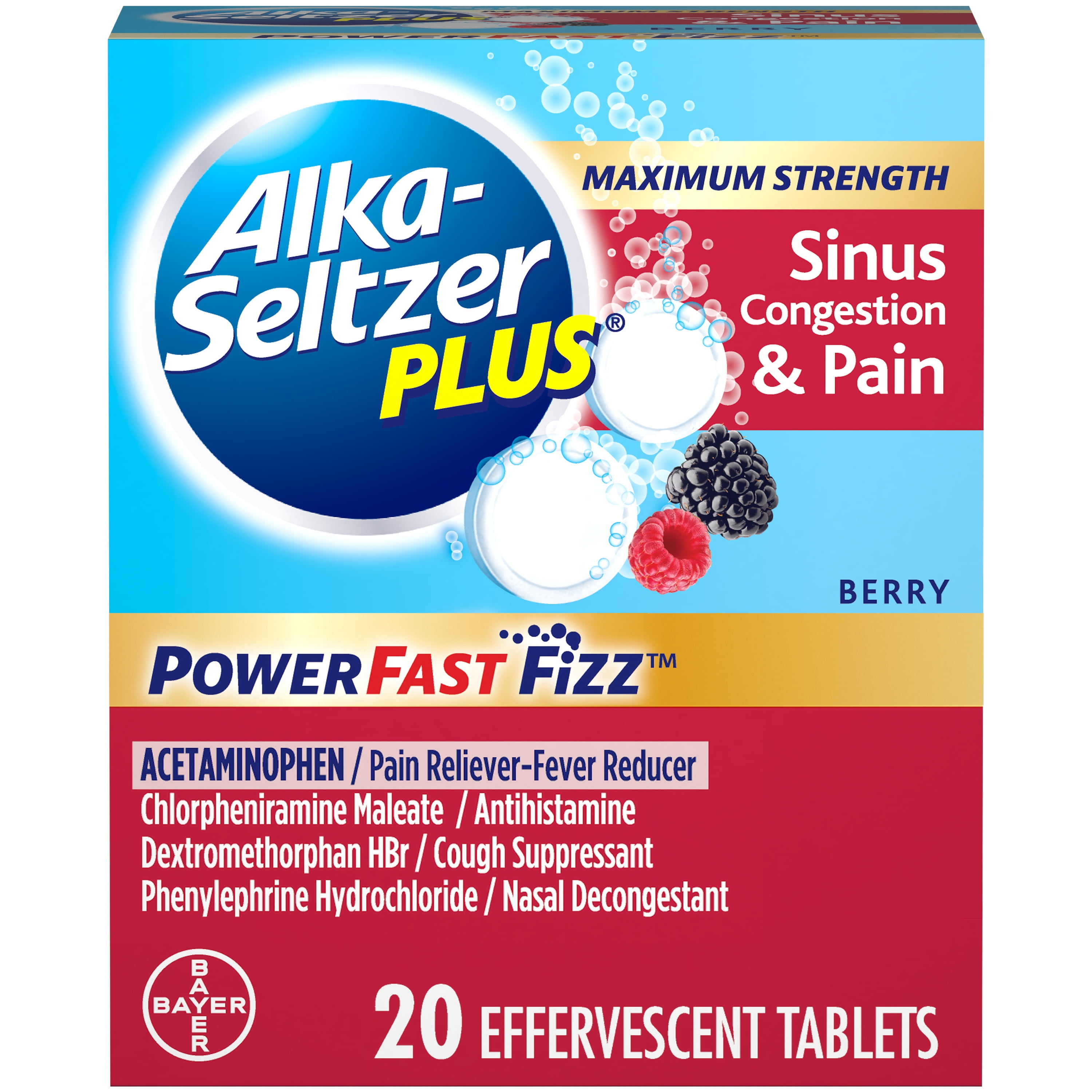 Alka-Seltzer Plus Maximum Strength Sinus Congestion & Pain Medicine, Powerfast Fizz Effervescent Tablets, 20 Count
