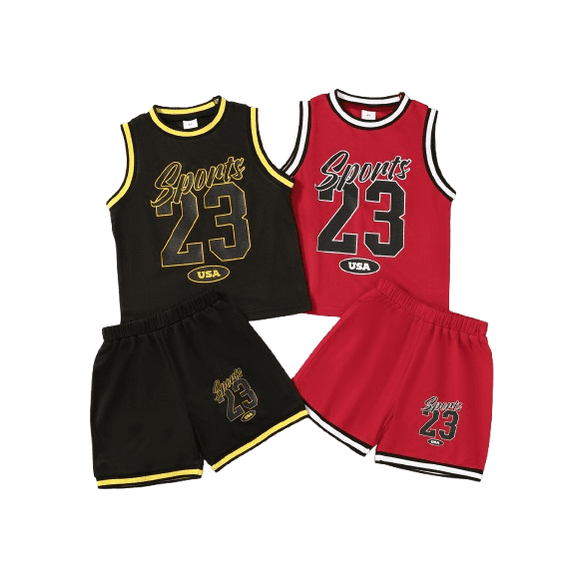 Mikrdoo Four-Piece Boys' Shorts Set No. 23 Jersey Letter Print Tank Top and Shorts Summer Sports Outfit 4-7
