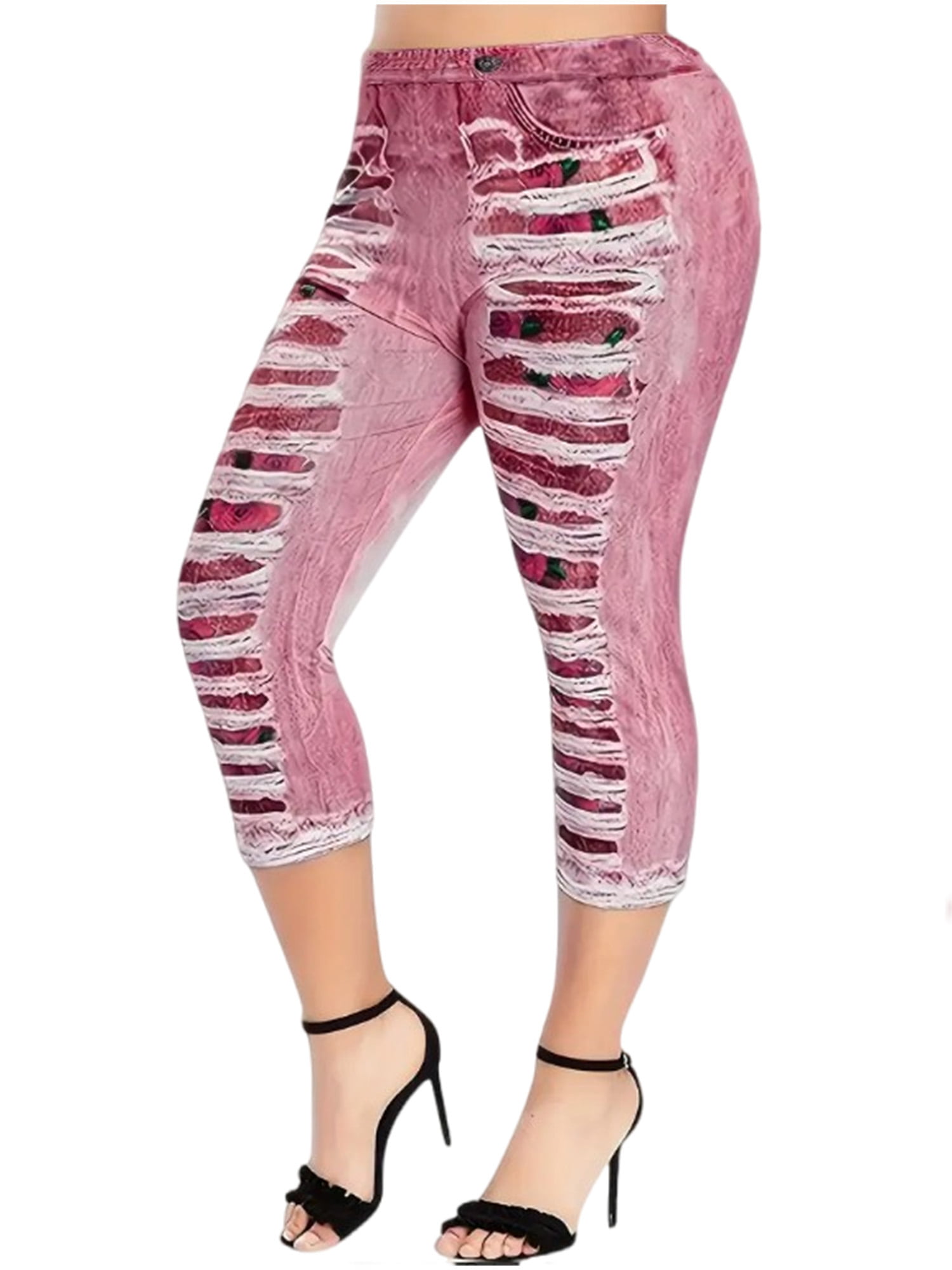 Sexy Dance Women Fake Jeans Plus Size Printed Denim Jeggings Cropped ...