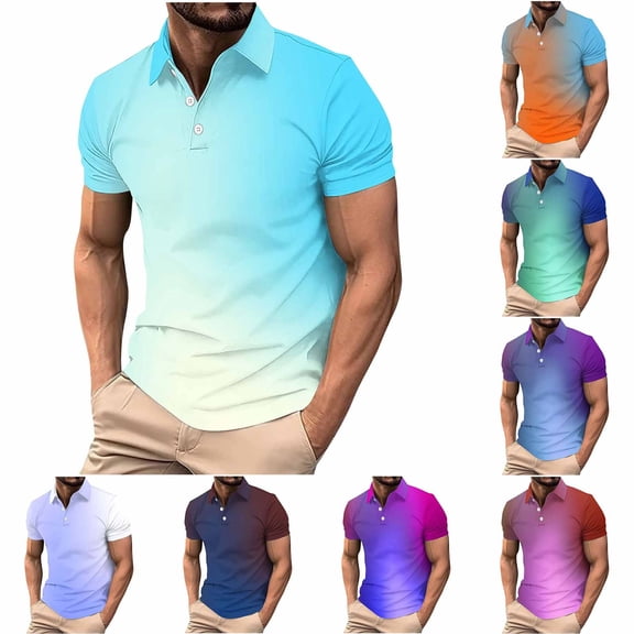 Daiosportswear Mens Polo Shirts Short Sleeve Gradient Color Gym Workout Golf T-Shirt Casual V Neck Button Down Tops Watermelon Red-E XL(XL)