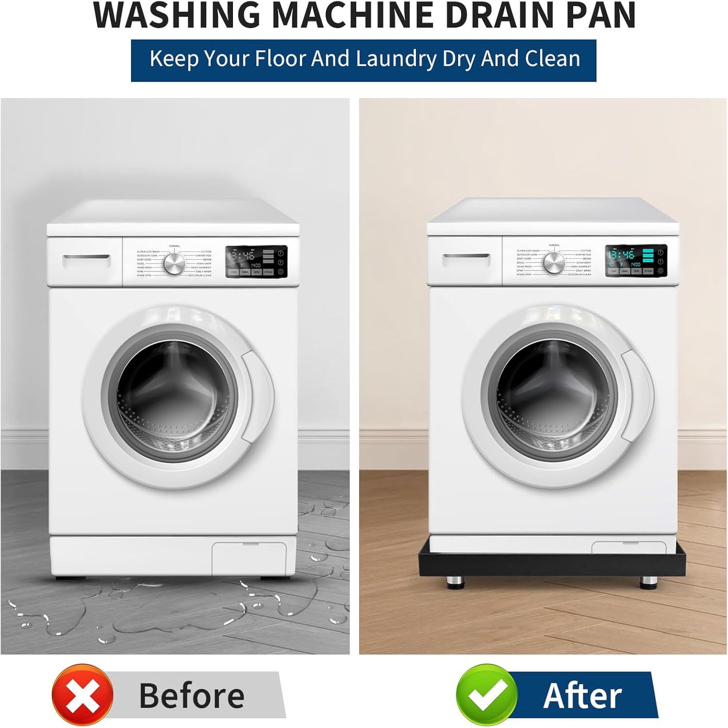 Studyset Heavy-Duty Carbon Steel Washing Machine Pan - 24x24x2in Rust-Free Water Damage Protection with 4 Anti-Vibration Feet, Easy Install No-Hole Design