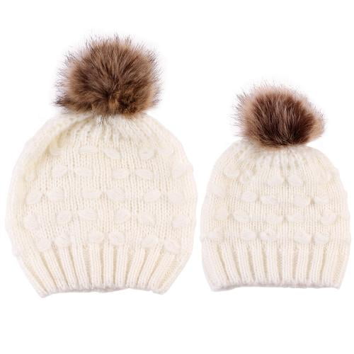 Fox Fur Pompom Beanie Mother Baby Winter Hats For Women Warm Knitted  Beanies Cap Real Fur Pompon Hat Bonnet - AliExpress