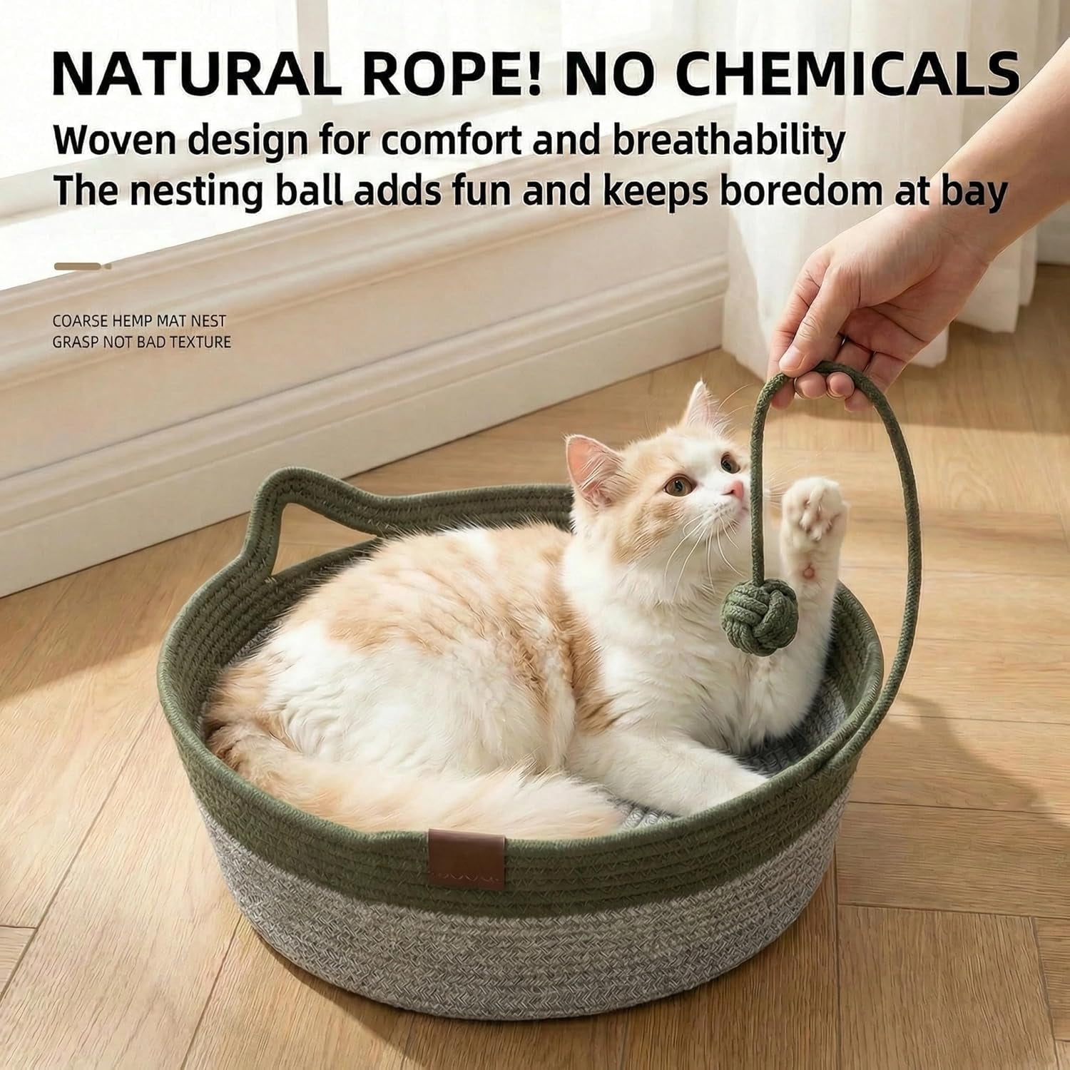 Handwoven cat Basket, cat Toy Basket with a Playing Rope Ball, Foldable Scratchable Hammock with Cat Ear Design - Breathable & Easy to Clean