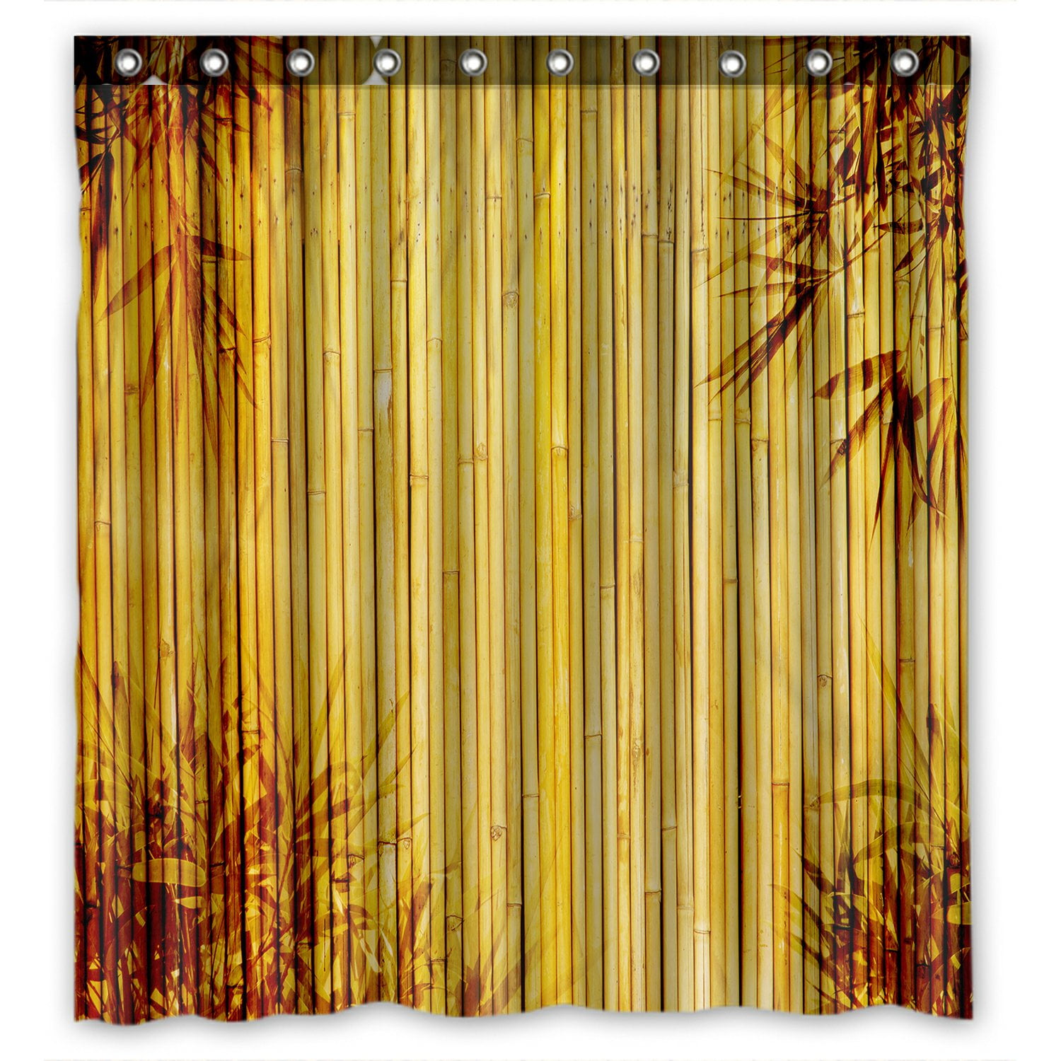 PHFZK Nature Wood Shower Curtain, Bamboo and Leaves Polyester Fabric