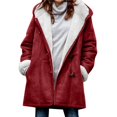 thumbnail image 3 of Women's Fleece Collar Long Sleeve Hooded Button-Down Jacket with Pockets Wine Red XXXL, 3 of 7