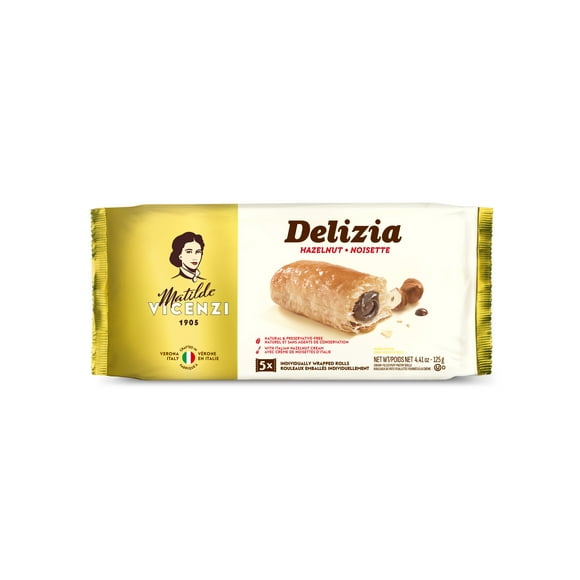 Vicenzi Baked Flaky Puff Pastry Rolls Filled with Hazelnut Cream 125GR, The finest and most luxurious pastry in a perfect and versatile snack-size portion. Simply perfect for anyone looking for a ready-to-go sweet bite with its velvety hazelnut cream filling.