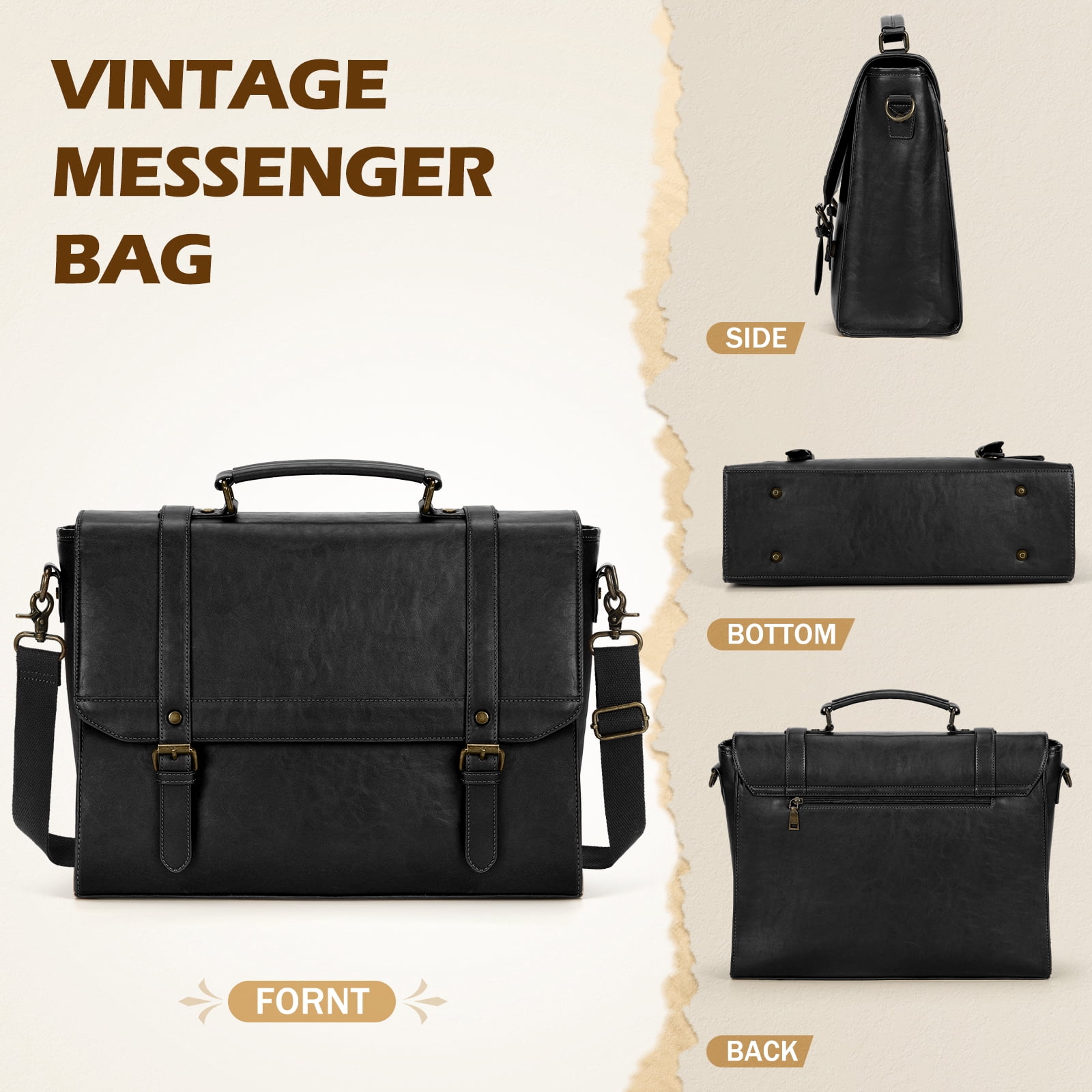 RAINSMORE Messenger Bag for Men 15.6 inch Vintage Leather Waterproof Laptop Briefcase Computer Laptop Bag Large Satchel Bag Retro Shoulder Bag for Office Business College,Black