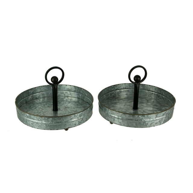 Lot de 2 Plateaux de Service Ronds à un Étage en Métal Galvanisé Rustique de 12,5 Pouces de Diamètre avec Poignées