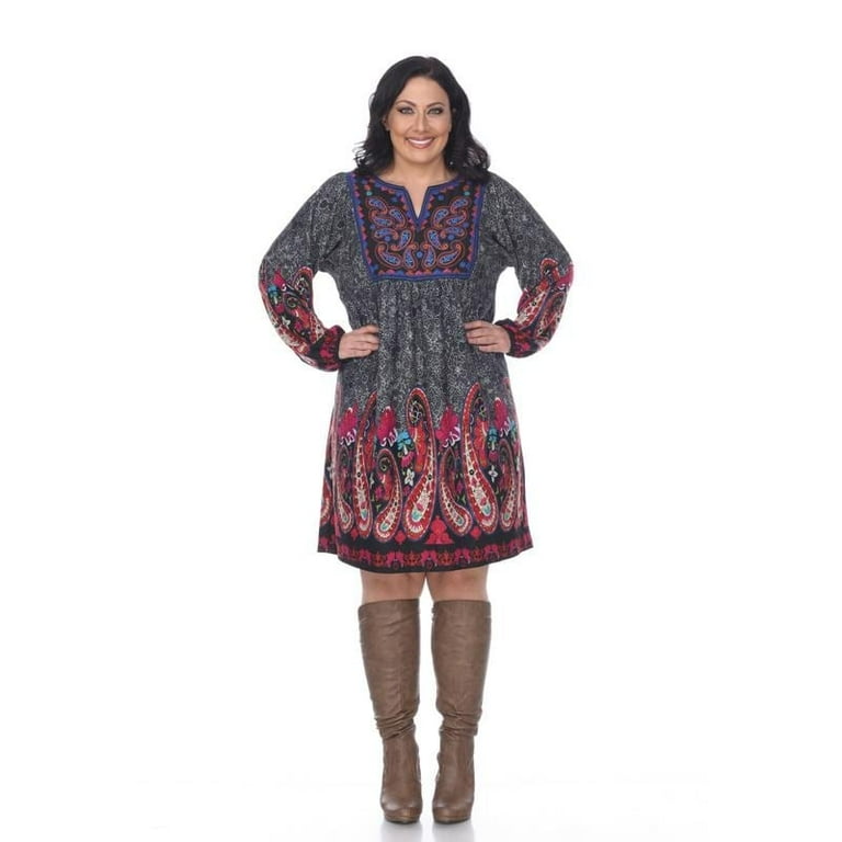 white mark plus size boho dress White Mark Plus Size Boho Bohemian Style Long Sleeve Embroidered Textured  Split V Neck Cozy Sweater Dress