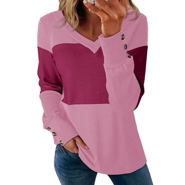Blusas Elegantes e Informales para Mujer, con Bloques de Color, de Larga y Cuello en V, para Otoño. Melocotón XXL