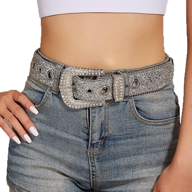 Cinturón de diamantes de imitación plateados, cinturones de vaquero de vaquera occidental, cinturón de cuero con tachuelas de diamantes de cristal ostentoso Vintage para pantalones vaqueros