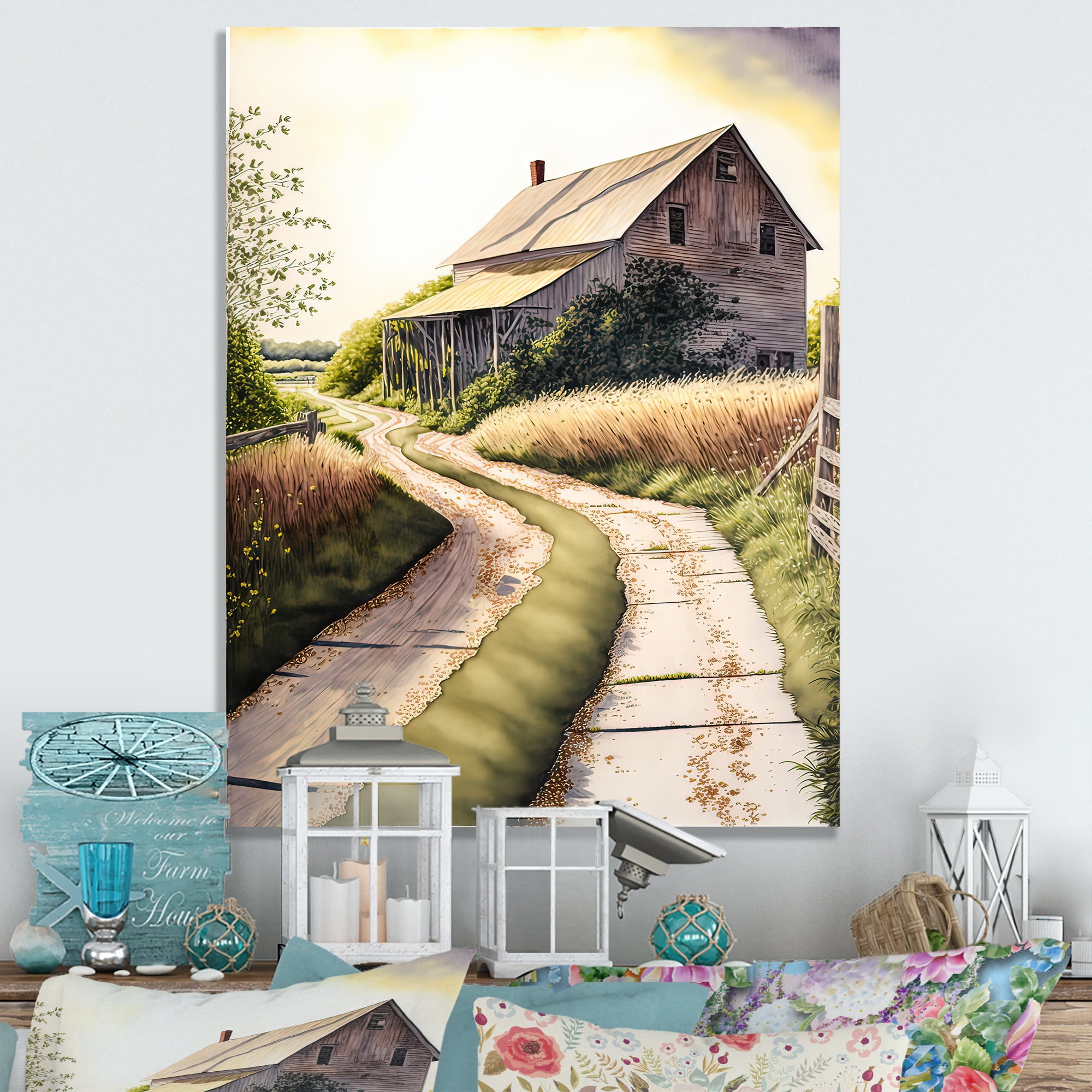 Designart Charming Barn And Path II Canvas Wall Art