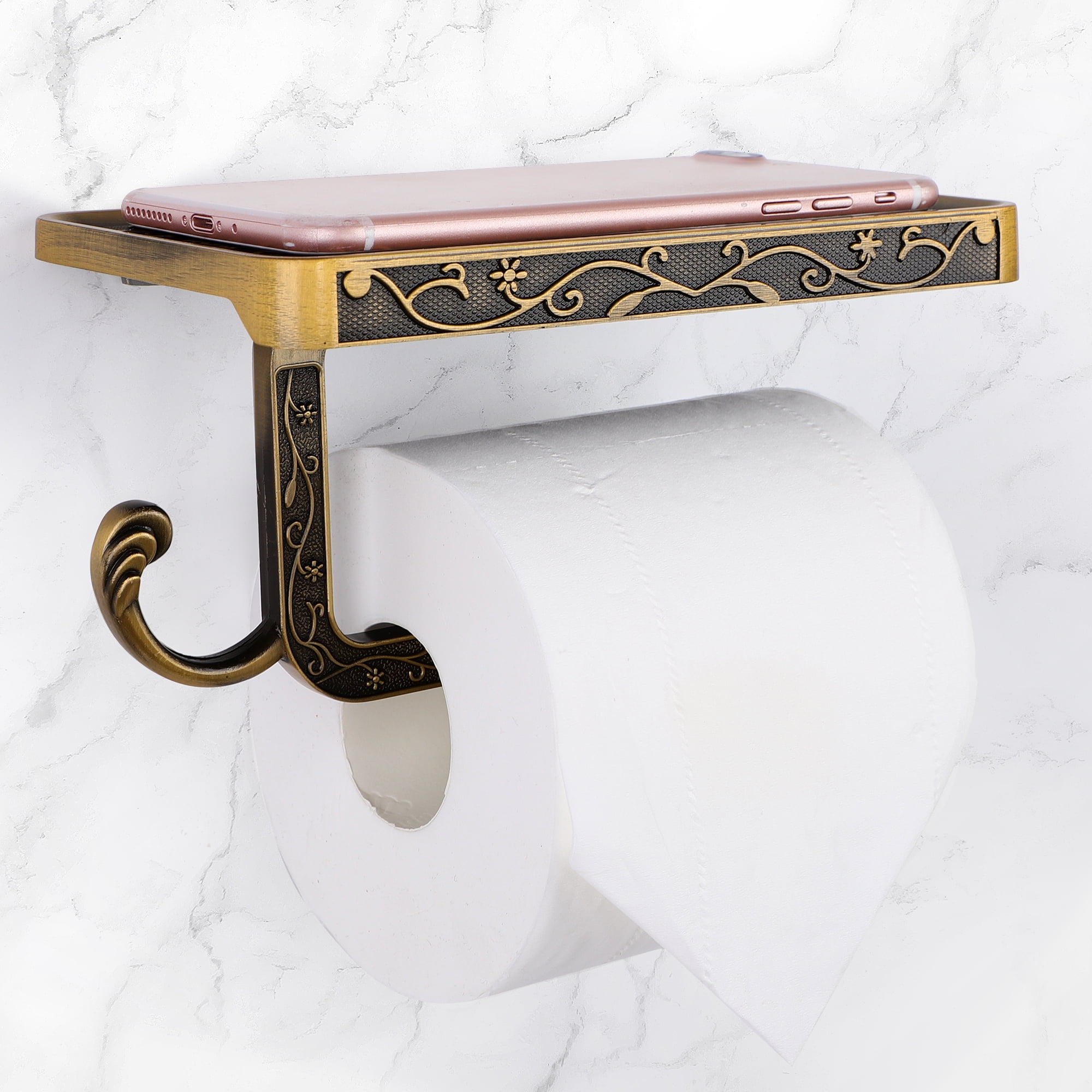 Unique Bargains Toilet Paper Holder with Phone Shelf Aluminum Alloy Holder Copper Tone