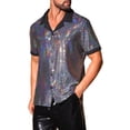 thumbnail image 4 of INSPIRE CHIC Men's Metallic Sequins Camp Collar Button Down Short Sleeve Shiny Shirt L Silver, 4 of 5