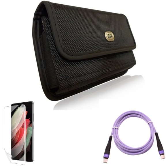Purple 10ft PD Cable & Matte Screen Protector & Case Belt Clip for Samsung Galaxy S22 Plus (S22 ) - Combo Type-C to USB-C Fast Charger Cord Extra Long & TPU Film Anti-Glare & Rugged Holster
