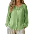 thumbnail image 2 of Gauze Shirts for Women Cotton Linen Beach Cover up Long Sleeve V Neck Button Down Crinkle Breathable Summer Light Green M, 2 of 7