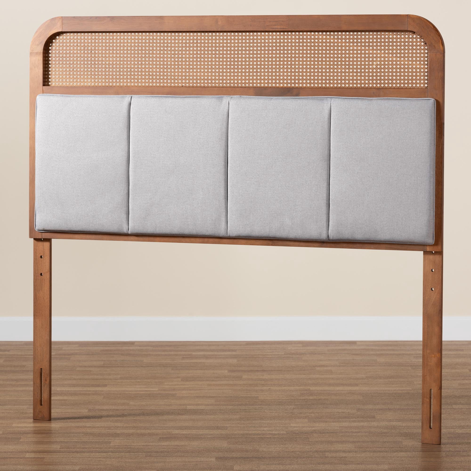 Baxton Studio Esti Mid-Century Modern Light Grey Fabric and Ash Walnut Finished Wood King Size Headboard with Rattan