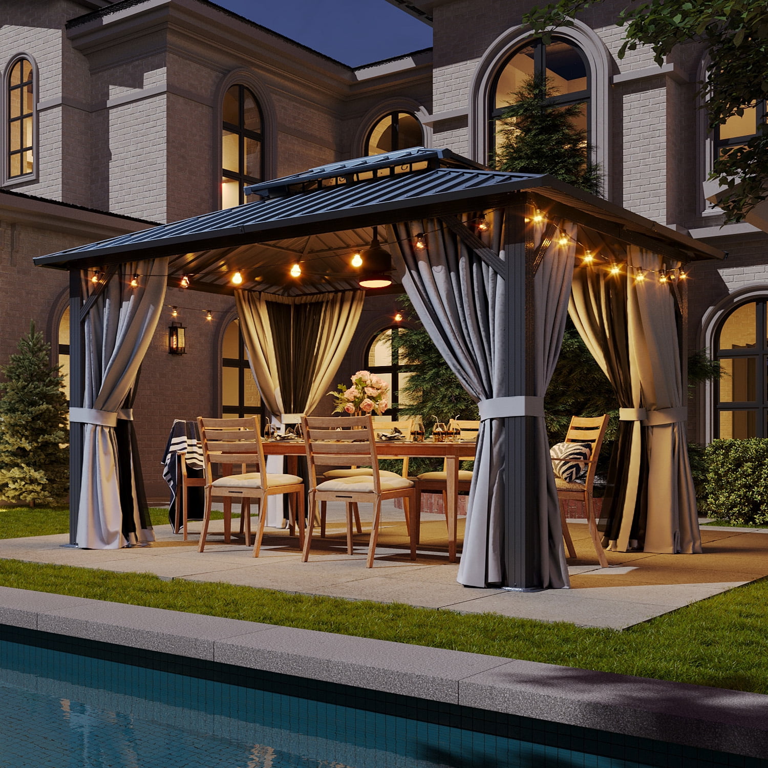 Sumnthink 10'x12' Hardtop Gazebo, Steel Double Galvanized Top Canopy, Aluminum Frame Permanent Pavilion Metal Gazebo with Netting and Curtains, for Patio, Garden, Lawn