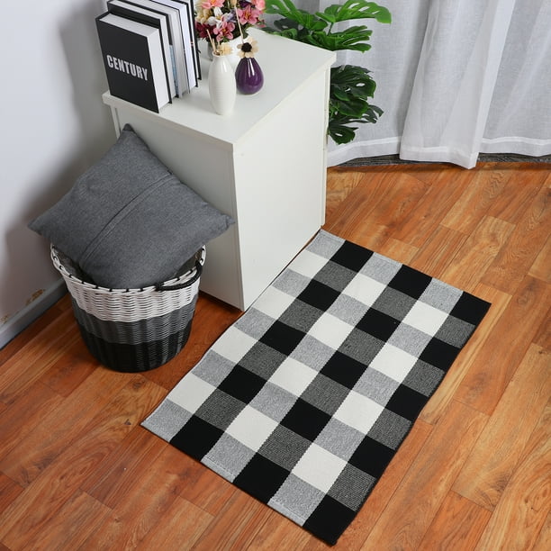 Washable Cotton Checkered Plaid Area Rugs for Indoor/Outdoor, White