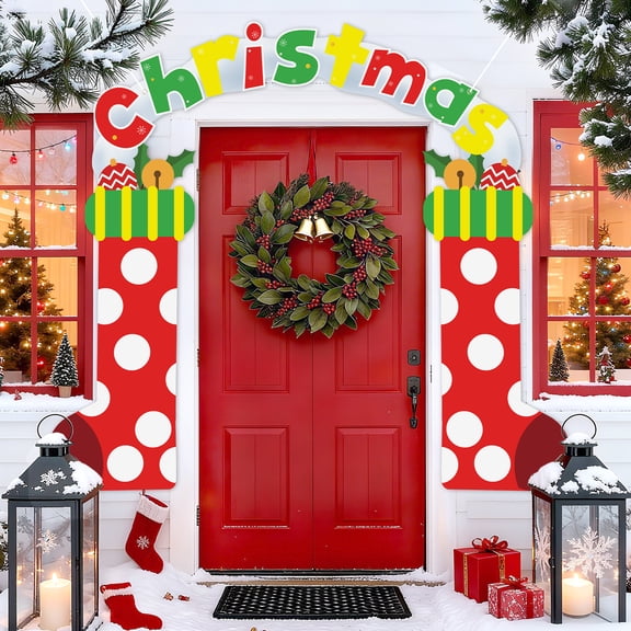3 Pcs Christmas Decoration Outdoor Christmas Porch Sign for Front Yard Hanging Banner Merry Xmas Gift Box Shaped for Supplies Indoor Outdoor Xmas Decor, 12 x 71 Inch