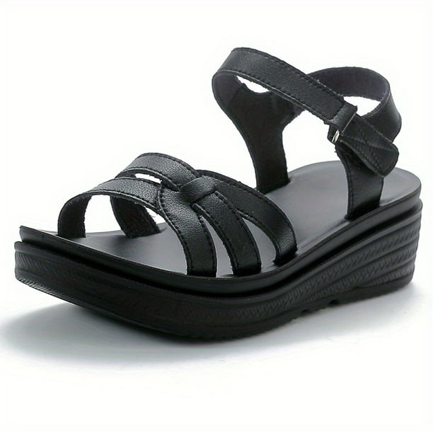 Elegantes sandalias de cuña con tiras cruzadas para mujer - Zapatos abiertos con velcro para comodidad antideslizante al aire libre