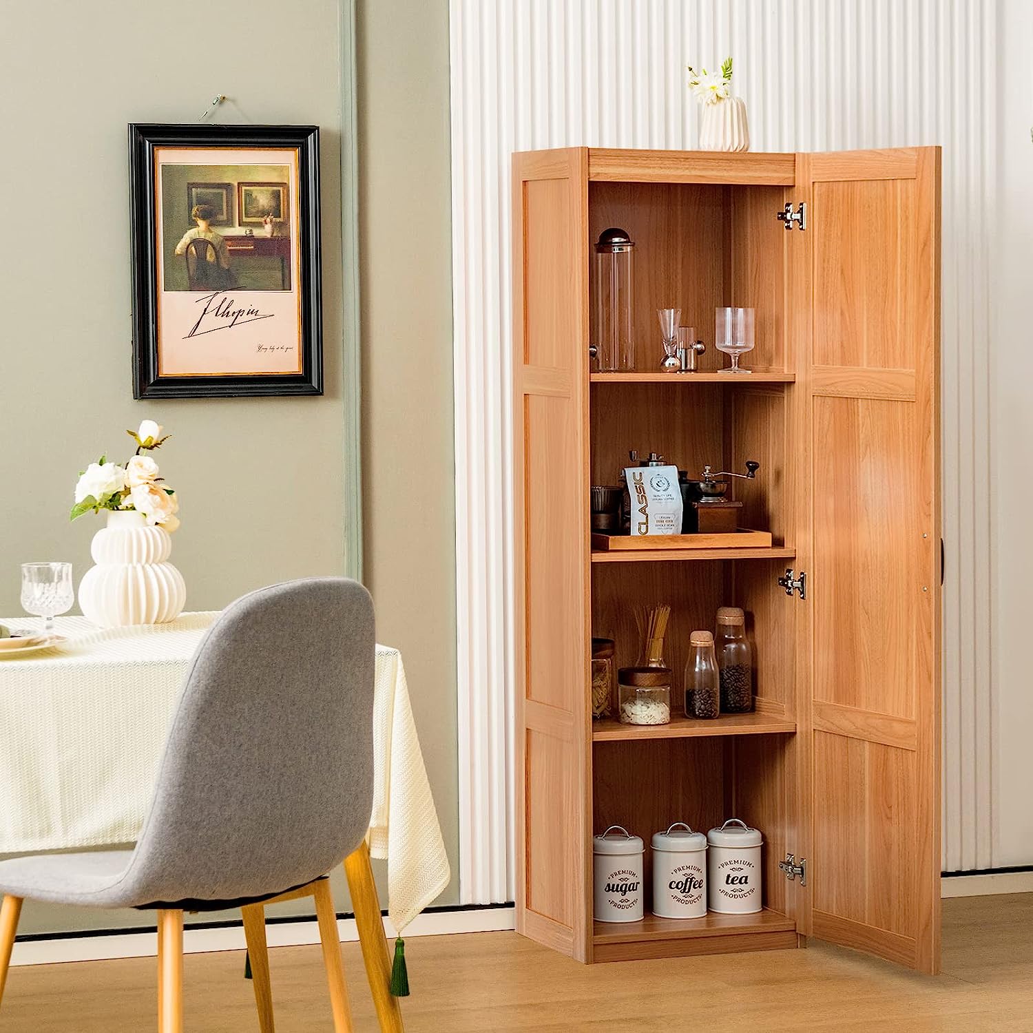 Kitchen Pantry, Tall Storage Cabinet Single Door, 4-Tier Floor Storage Cabinet for Bathroom, Living Room, 18"x14"x 60" (Oak Color)