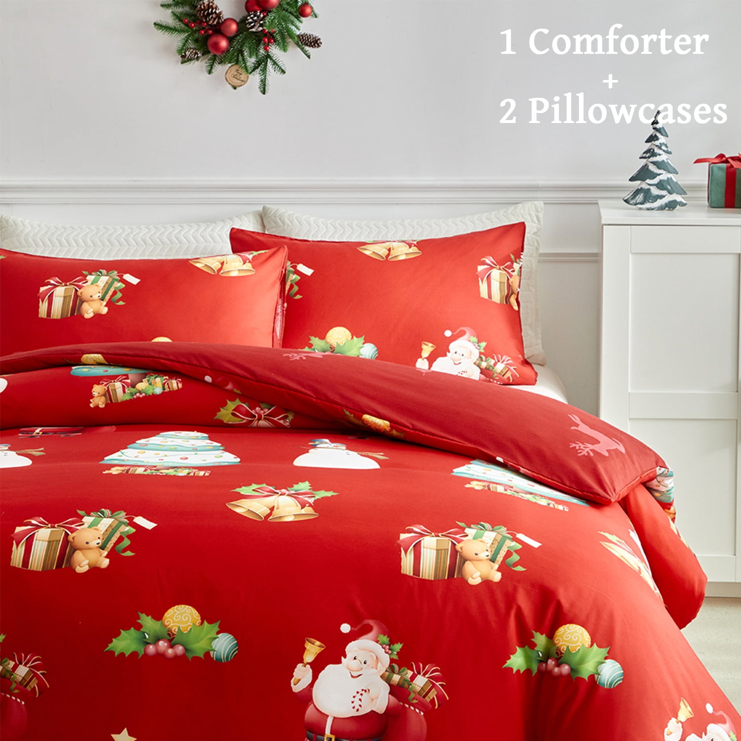 PERFEMET Merry Christmas Comforter Set 3Pcs Twin Size Red Santa Claus Elk Bedding Set for Boys Girls Xmas Tree Bell Bed Set for Christmas Decor 100% Soft Microfiber Quilt Set (Santa Claus, Twin)