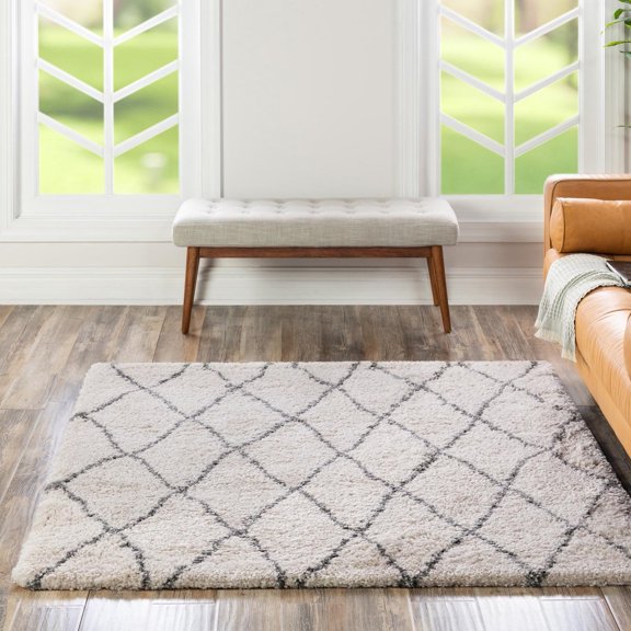 Unique Loom Rabat Shag Collection Area Rug - Trellis (8' Square Pure Ivory/Gray)