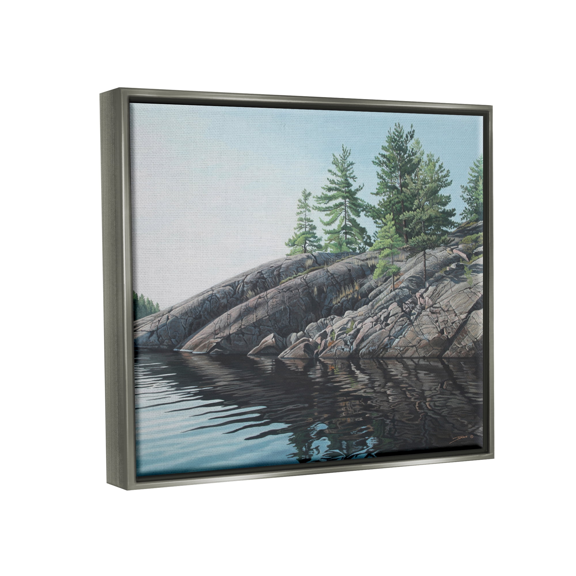 Stupell Industries Rocky Lake Scenery Nature Painting Gray Floater Framed Art Print Wall Art, 31 x 25