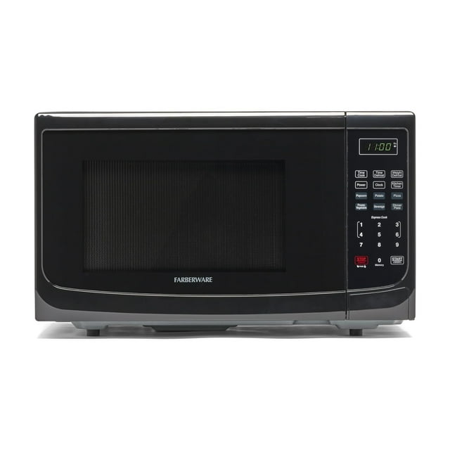 Farberware FM11BKA Horno microondas compacto para encimera 1.1 Cu. Pie. 1100 vatios con iluminación LED, bloqueo para niños, interior gris fácil de limpiar, negro