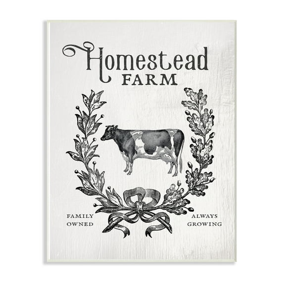 The Stupell Home Decor Collection Homestead Farm Family Farmhouse Crest Cow with Wreath Wall Plaque Art, 10 x 15