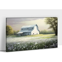 Farmhouse Wall Art - Teal Farmhouse Barn Pictures Wall Decor, Rustic Spring Barn Picture Wall Art, Farm Flower Field Canvas Print Framed For Room Decor Ready To Hang 12x18inches
