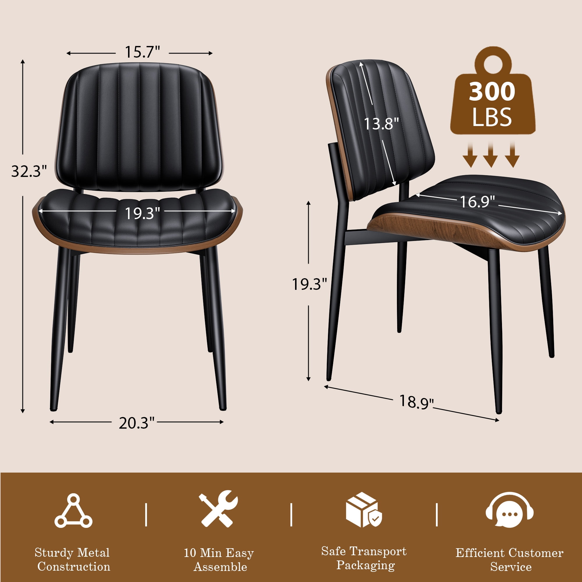 LainTene Modern Dining Room Chairs Set of 2, Faux Leather and Bentwood Design with Metal Legs, Ideal for Kitchen or Dining Space