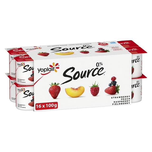 Yoplait Source 0% Smooth Traditional Yogurt Cups Variety, No Added Sugar, 16x100g