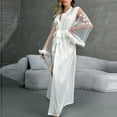 thumbnail image 6 of Feather Trim Satin Maxi Robes for Women Mesh Long Sleeve Wrap Bathrobe Sexy See Through Kimono Nightgown Sleepwear, 6 of 6