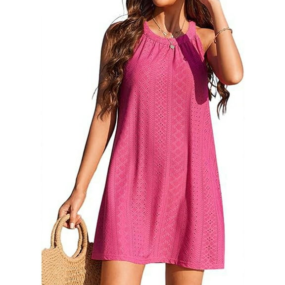 Women's Eyelet Swimsuit Cover Up Pleated Front Halter Dress Sleeveless Summer Beach Cover Up Shermie