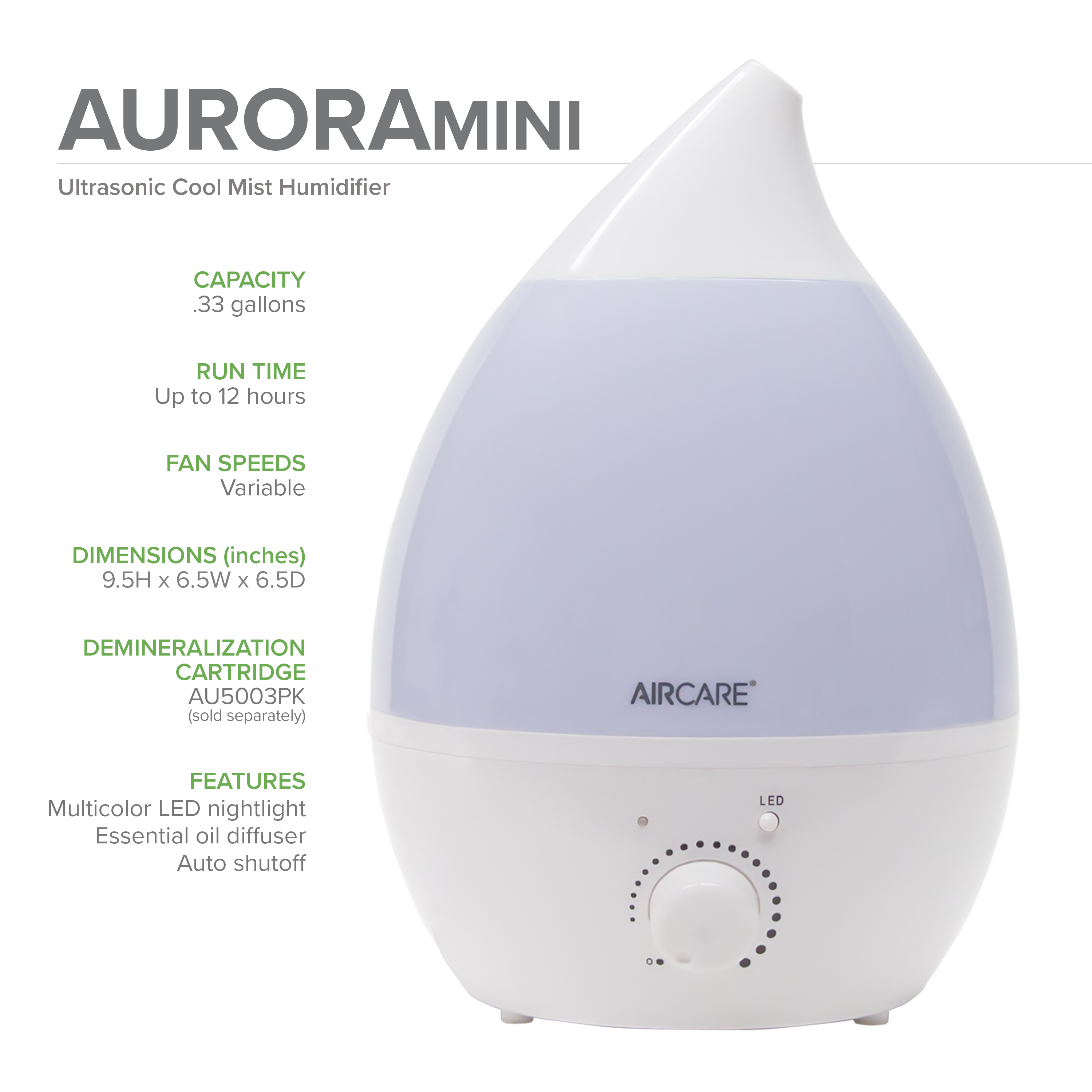 AIRCARE AUV10AWHT Aurora Mini Ultrasonic Humidifier with Aroma Diffuser and Multicolor LED Night Light, White - image 2 of 9