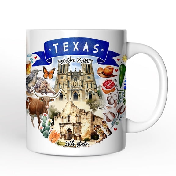 Artistic Texas State Themes and Landmarks Personalized Mug With Custom Name